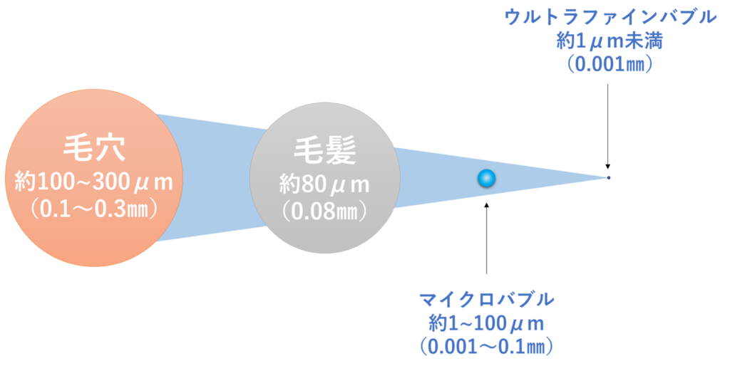 毛髪・毛穴とのサイズ比較（ファインバブルは毛穴より小さい）