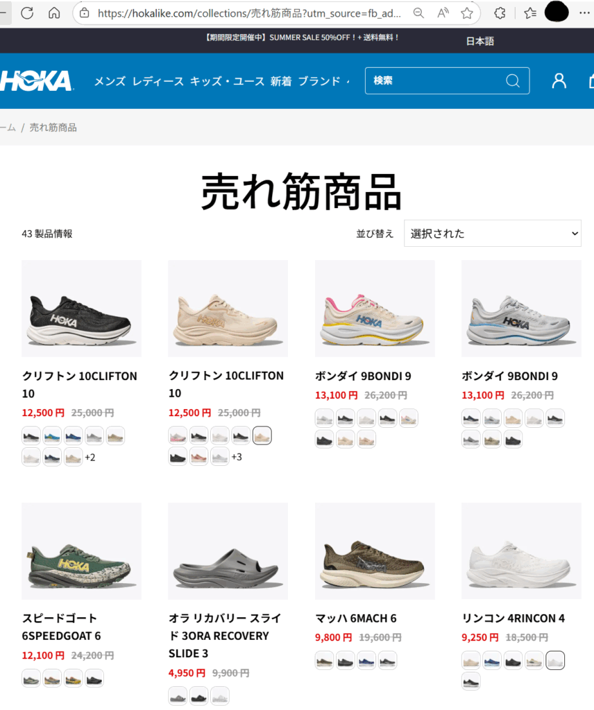Fraudulent HOKA website example